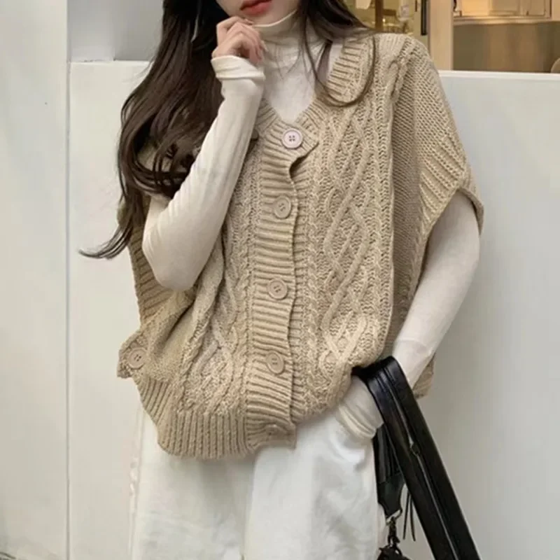 

Fashion Korean Knitted Cardigan Sweater Vest Women Retro Solid Color Casual O Neck Buttons Short Tank Top Sleeveless Office Lady