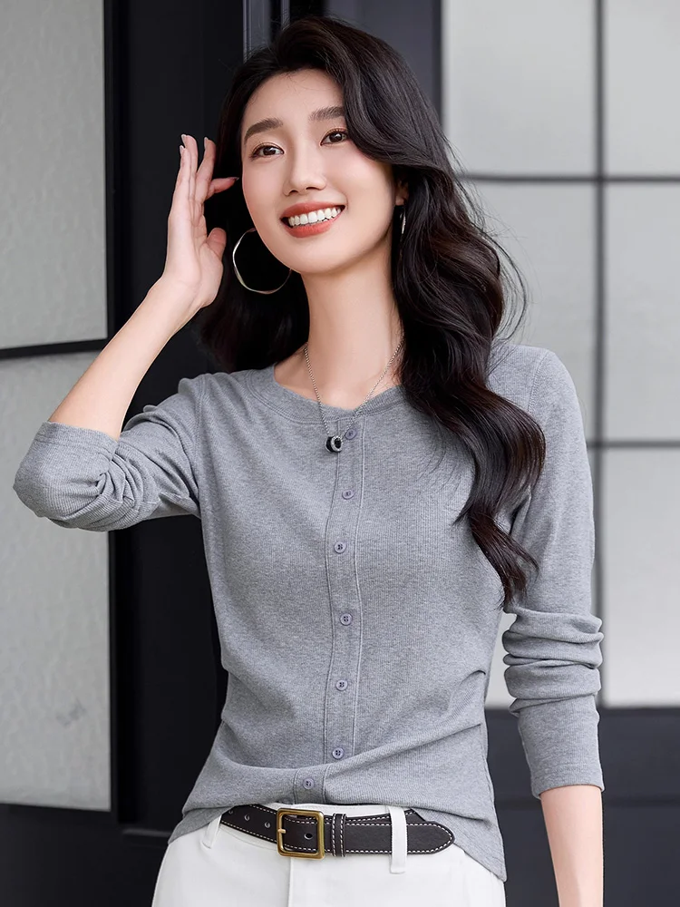 

New Women Casual Basic T-shirt Spring Autumn Fashion O-Neck Long Sleeve Slim Waist T-shirt Simplicity Solid Color Tees Female