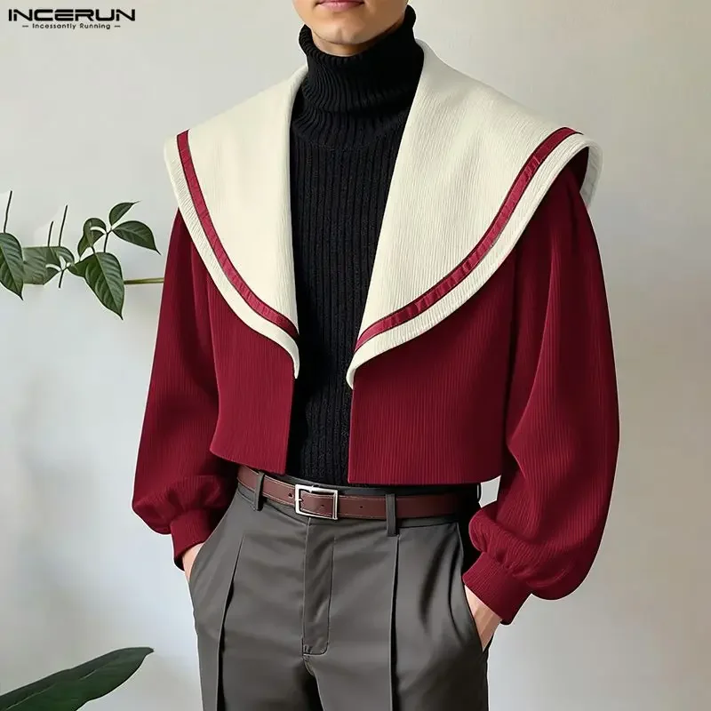 

INCERUN Men Shirt Patchwork Navy Collar Long Sleeve Open Stitch Cardigan Men Streetwear Loose Fashion Casual Men Clothing Tops