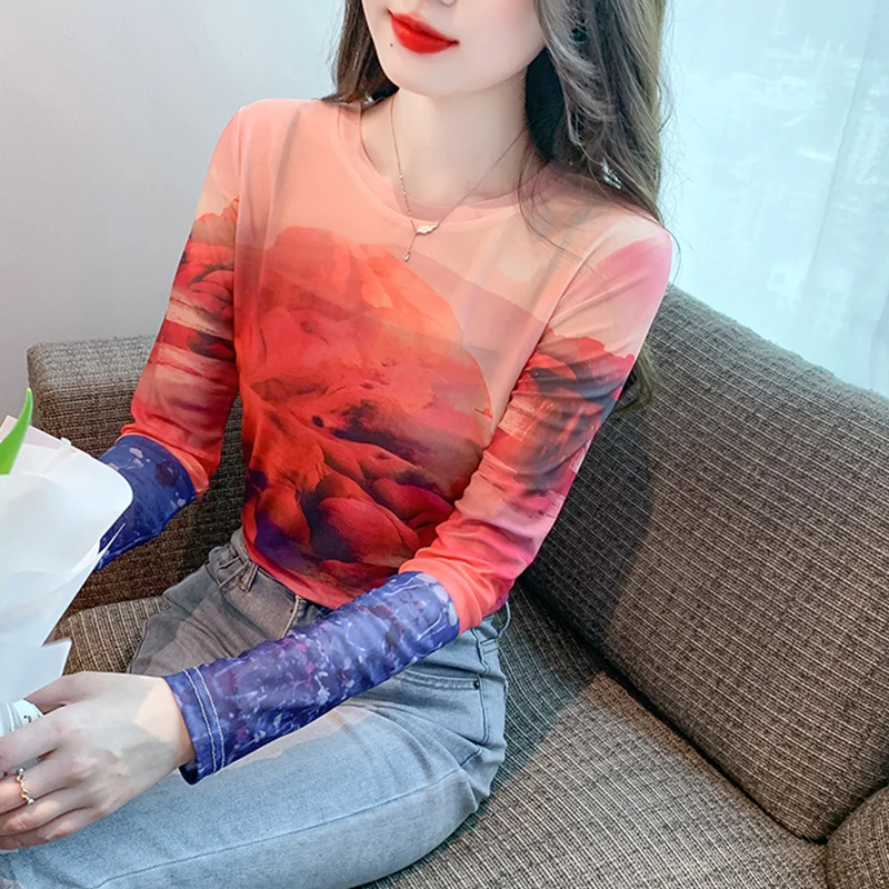 Woman Mesh Tee Tshirt Girls Printed O Neck Semi-Transparent Long Sleeve T-Shirts Lady Autumn Spring Tops