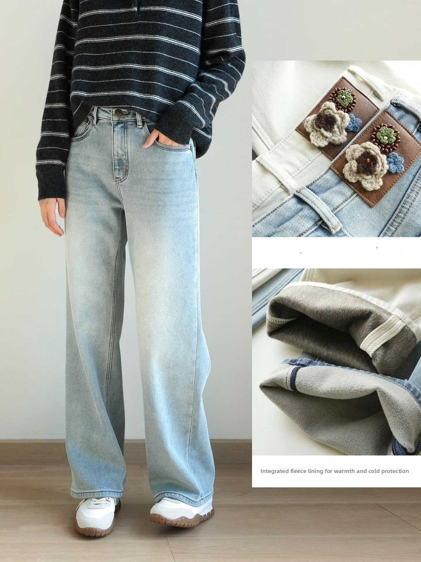 

Women's Fce Lined Thiened Embroidered Floral Straight Leg Cotton Stretch Denim Pants High Waist Casual Winter Trousers