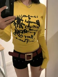 Tops Woman Spring Autumn Slim Long Sleeve T Shirt for Women Yellow Graphic Korean Popular Clothes Sale Reviews Fashion Goth Many