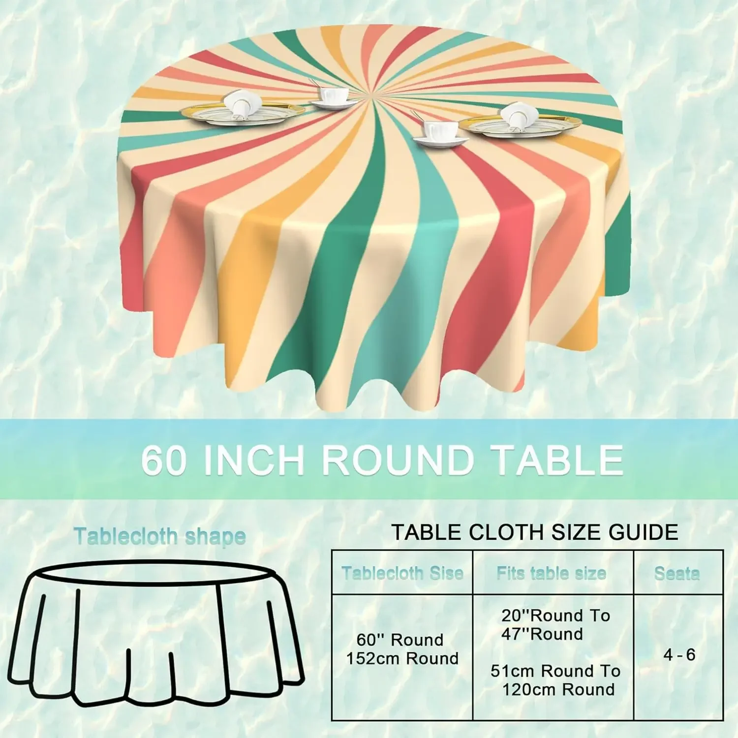 Groovy Retro Swirl Round Table Cloth Sunshine Waterproof Stain Resistant Washable Circle Table Cover for Kitchen Party