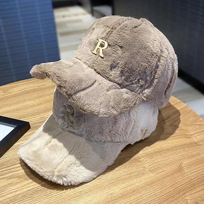 Autumn Simple Metal R Solid Color Rabbit Hair Baseball Cap Women\'s Winter Outdoor Warm Thickened Fashion Plush Sunshade Hat