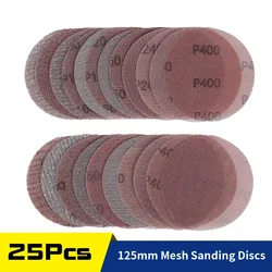 25Pcs 125mm Mesh Sanding Discs Sandpaper 5Inch Dust Free Hook & Loop 80/100/150/240/400 Grit for Car Wood Grinding Polishing