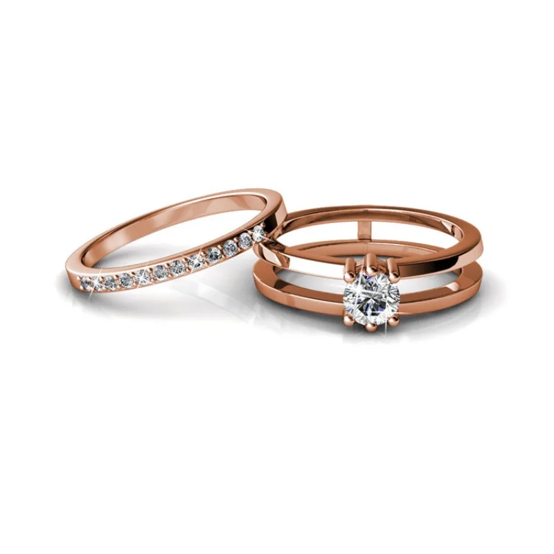 Daisini 2 in 1 Wedding Ring with Swarovski Crystals Luxury Rose Gold Color Double Row for Women Romantic Engageme Party Jewelry