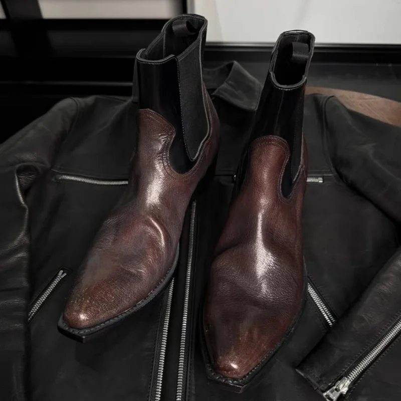 

Brown Vintage Pointed Wizard Boots Men's Chunky Heel Chelsea Boots Short Boots Thick Heel Height Increasing Elastic Sleeve Boots