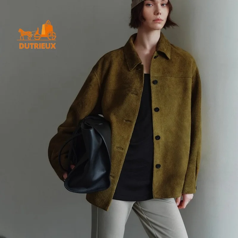Winter Women's Matte Lapel Silhouette Long Plush Leather Jacket, 100% Genuine Sheepskin, Low-key Noble and Fashion Leather Coat