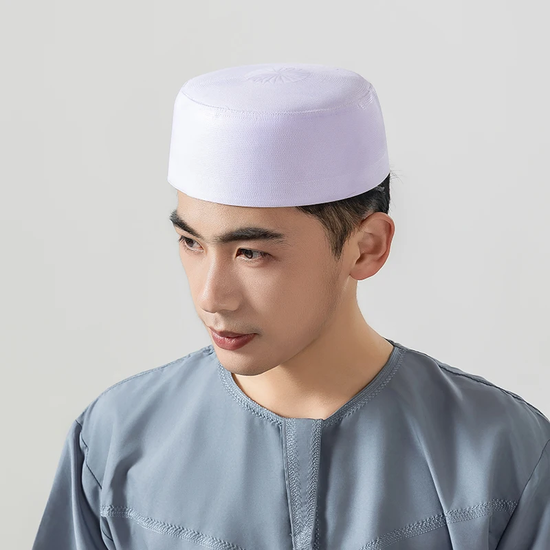 Muslim Men Prayer White Hats Cotton Embroidery Cap Arab Saudi Islamic Turban Hijab Jewish Headscarf Islamic Prayer Accessor