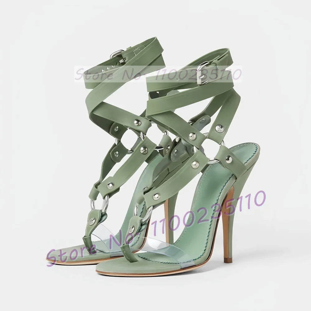 Green Buckle Cross Strap Heeled Sandals Women Open Toe Metal Rivets Flip-flops Ladies Luxury Summer Ankle Strap Stiletto Shoes view 3
