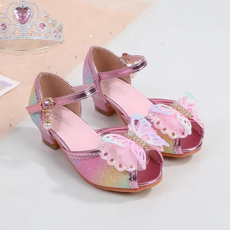 Chaussures princesse élégantes pour filles, sandales à talons hauts pour enfants, paillettes douces, papillon, mode polyvalente, bout ouvert, chaussures de fête pour enfants, nouveau