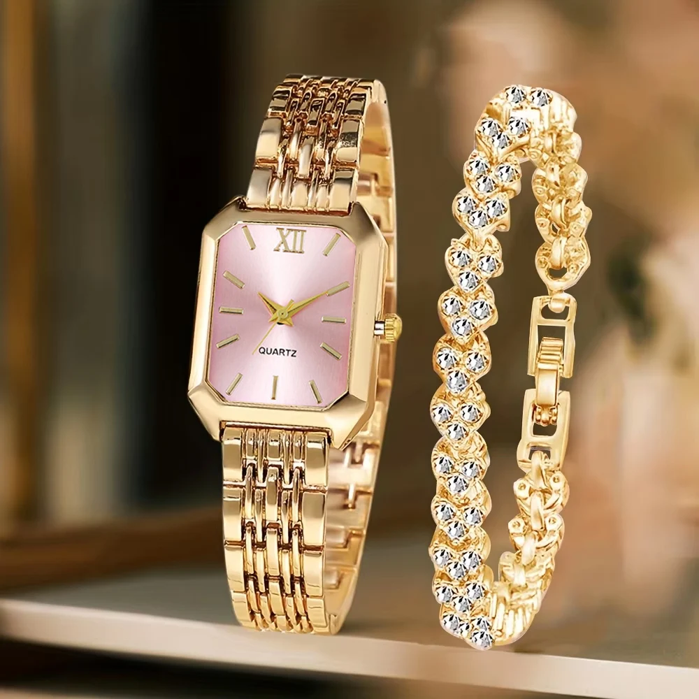 2PCS Fashion Rectangle Women Quartz Watch Rhinestone Bracelet Set Ladies Roma Dial Wristwatch Reloj Mujer Girls Clock Gift gallery 2