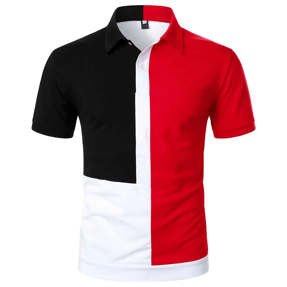 Men Short Sleeve Polo Shirt Multicolor Asymmetric Splicing Top Streetwear Casual FashionTrend Men Lapel Polo Shirt