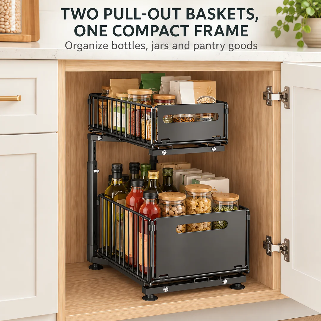 Adjustable Pull-Out Cabinet Organizer, 2-Basket Black Carbon Steel Storage Rack with 5 Height Positions for Kitchen Pantry and Countertop