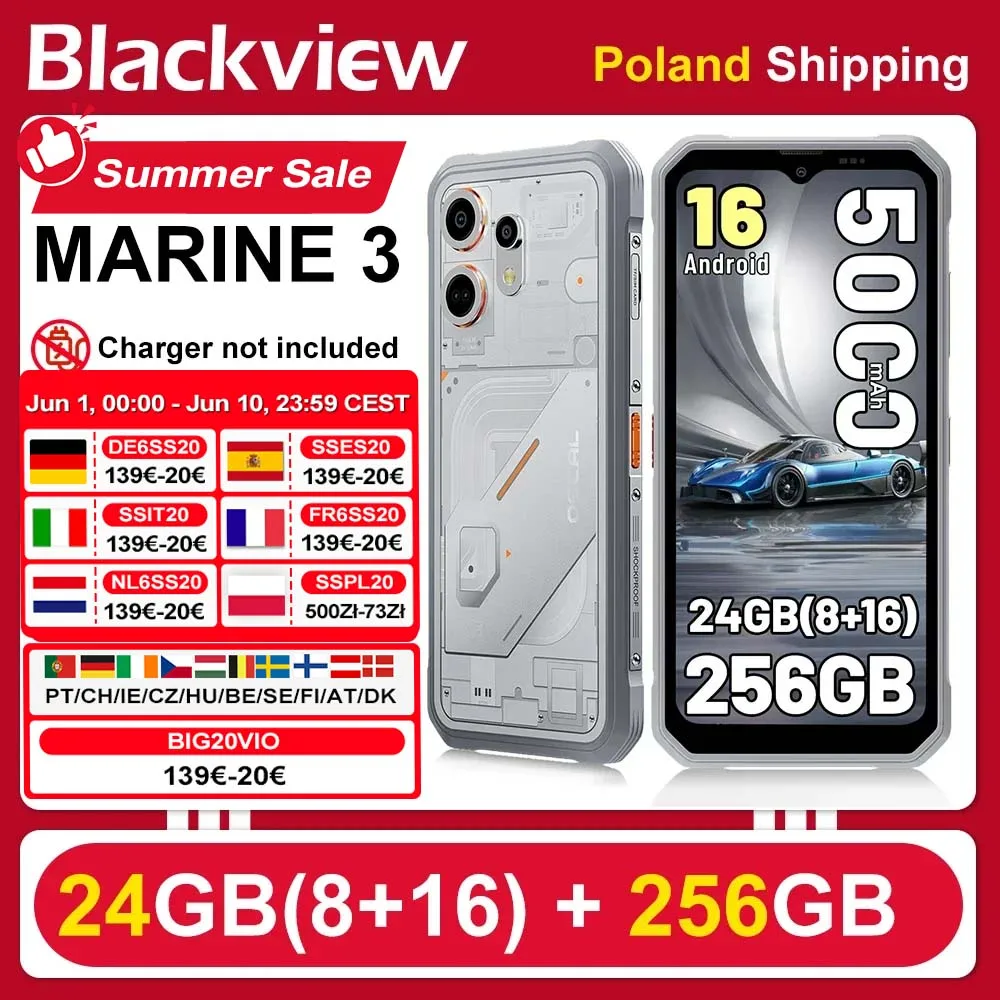 [Spedizione dalla Polonia] [Senza alimentatore UE] Smartphone Robusto Blackview OSCAL MARINE 3, 24 GB (8+16) + 256 GB, Schermo 6.56" HD 90 Hz, 5000 mAh, Android 16