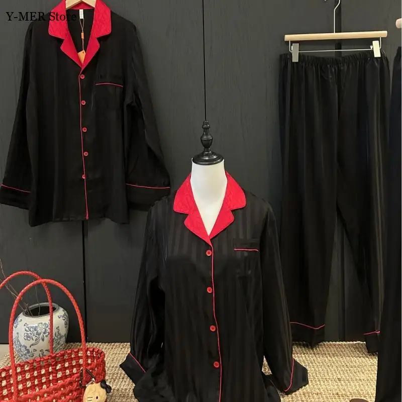 

Black Red Pajamas 2Pcs Long Sleeve Sleepwear Female Summer New Home Clothes Couple Satin Loungewear Nightwear Top Pants 2Pcs