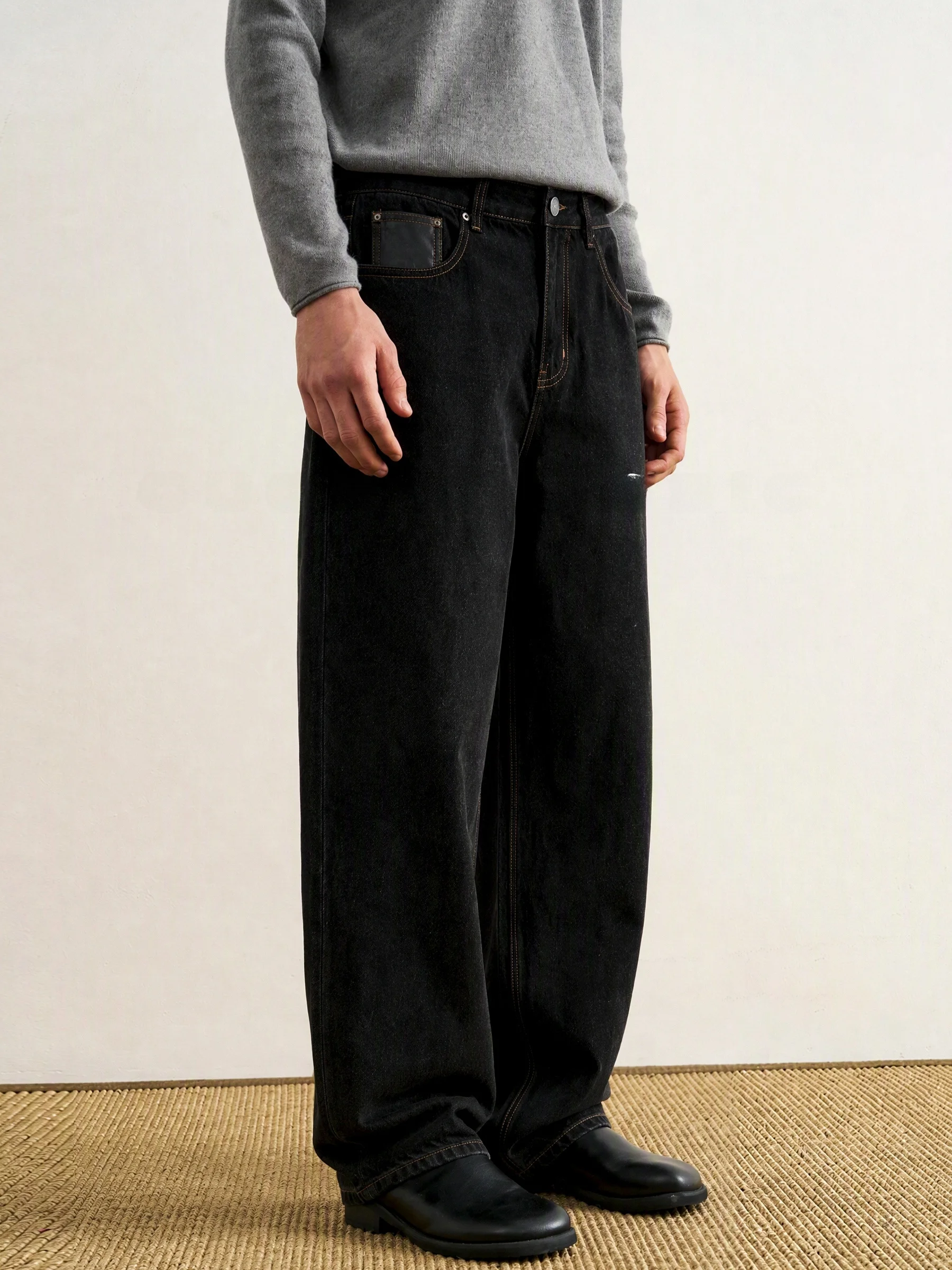 Calça Jeans Unissex de Algodão Denim Preta Retrô de Perna Reta Larga e Solta, Nova Coleção Outono