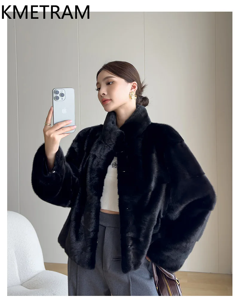 سترة KMETRAM 100% من فرو المنك بالكامل للنساء بياقة واقفة سترات قصيرة من الفرو الحقيقي باللون الأسود لشتاء 2025 جديدة في معاطف ملابس نسائية #5