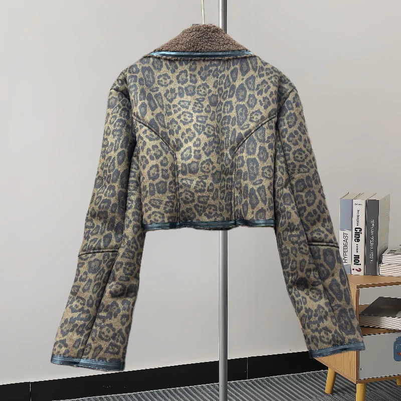 Jesień Zima Nowe Kobiety Vintage Leopard Print Krótka Kurtka Nieregularny Dół Długi Rękaw Ciepły Faux Lambswool Płaszcz Damski Czarny Khaki