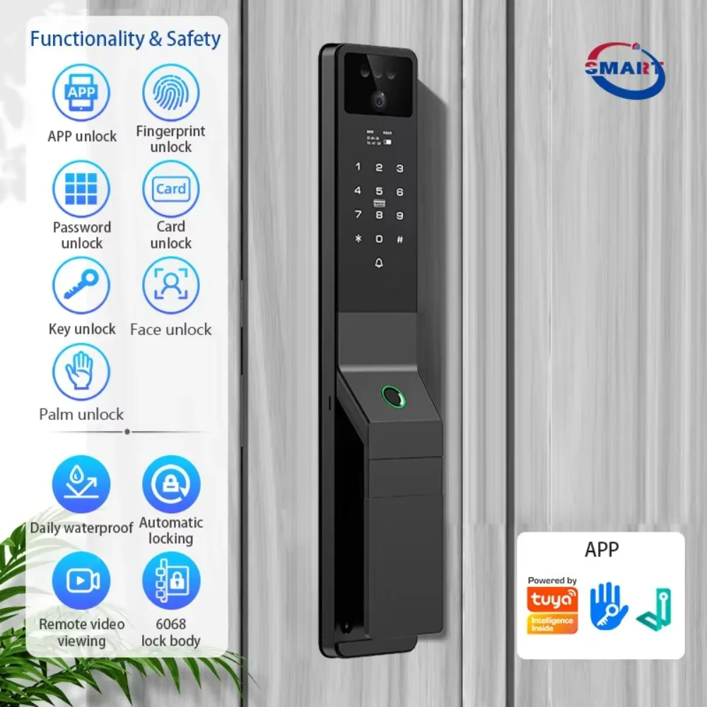 Palm Vein 3d Face Recognition Smart Door Lock with Camera Tuya Wifi Biometric Fingerprint Security Fully Automatic Smart Lock