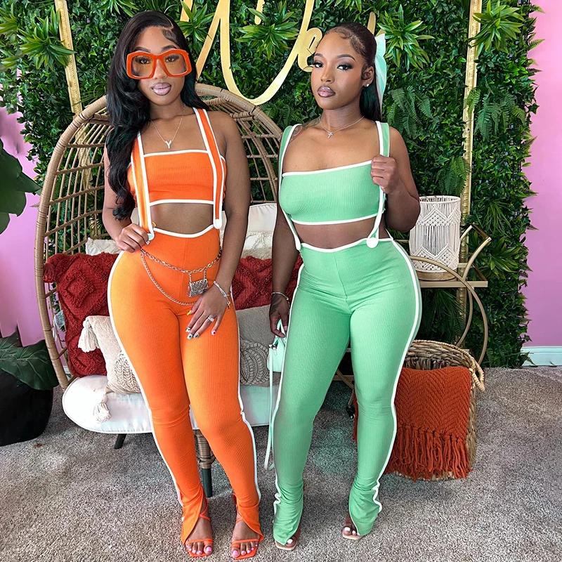 BULIDINGB Y2K Summer New Skinny Candy Pants Two Piece Sets Women Camisole Backless Tube + Slit Pencil Pants Outfits Streetwear