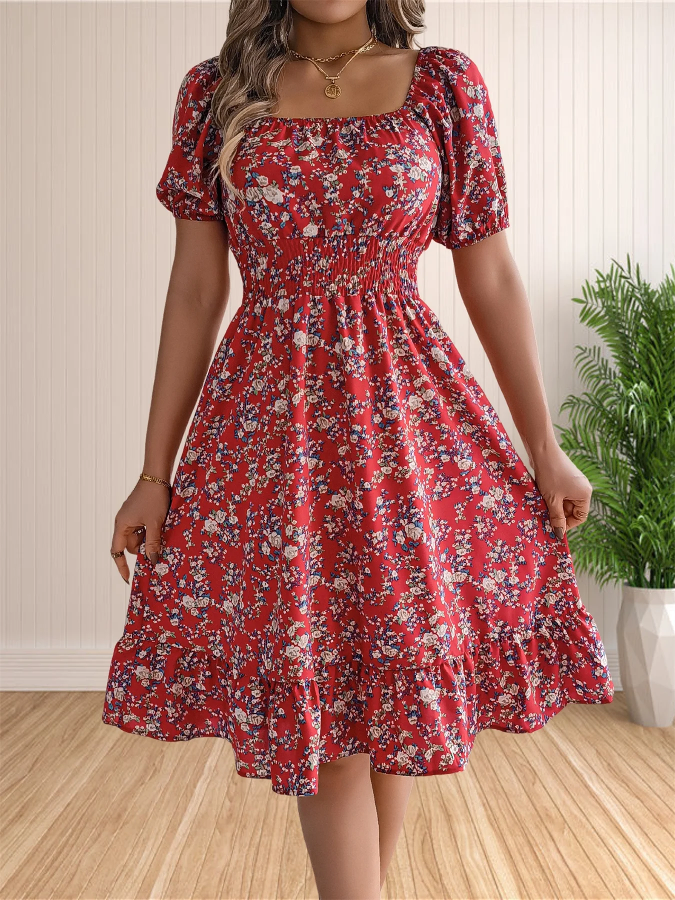 Women\'s Floral Print Square Neck Puffy Short Sleeve Casual Summer Ruffle Swing Dresses