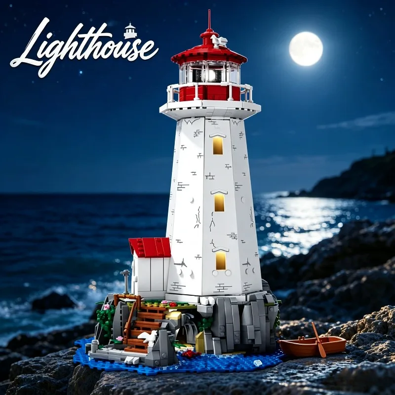 Seaside Peggy's Cove Lighthouse Building Blocks Set With LED Light Beacon Bricks Model with Boat Creative DIY Toy Gift for Adult