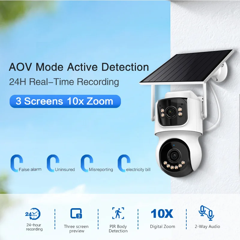 4MP Icsee APP Dual Lens Solar Power Low Comsunption  IP  Camera Full Color AI Humanoid Detection Home Security PTZ CCTV Monitor