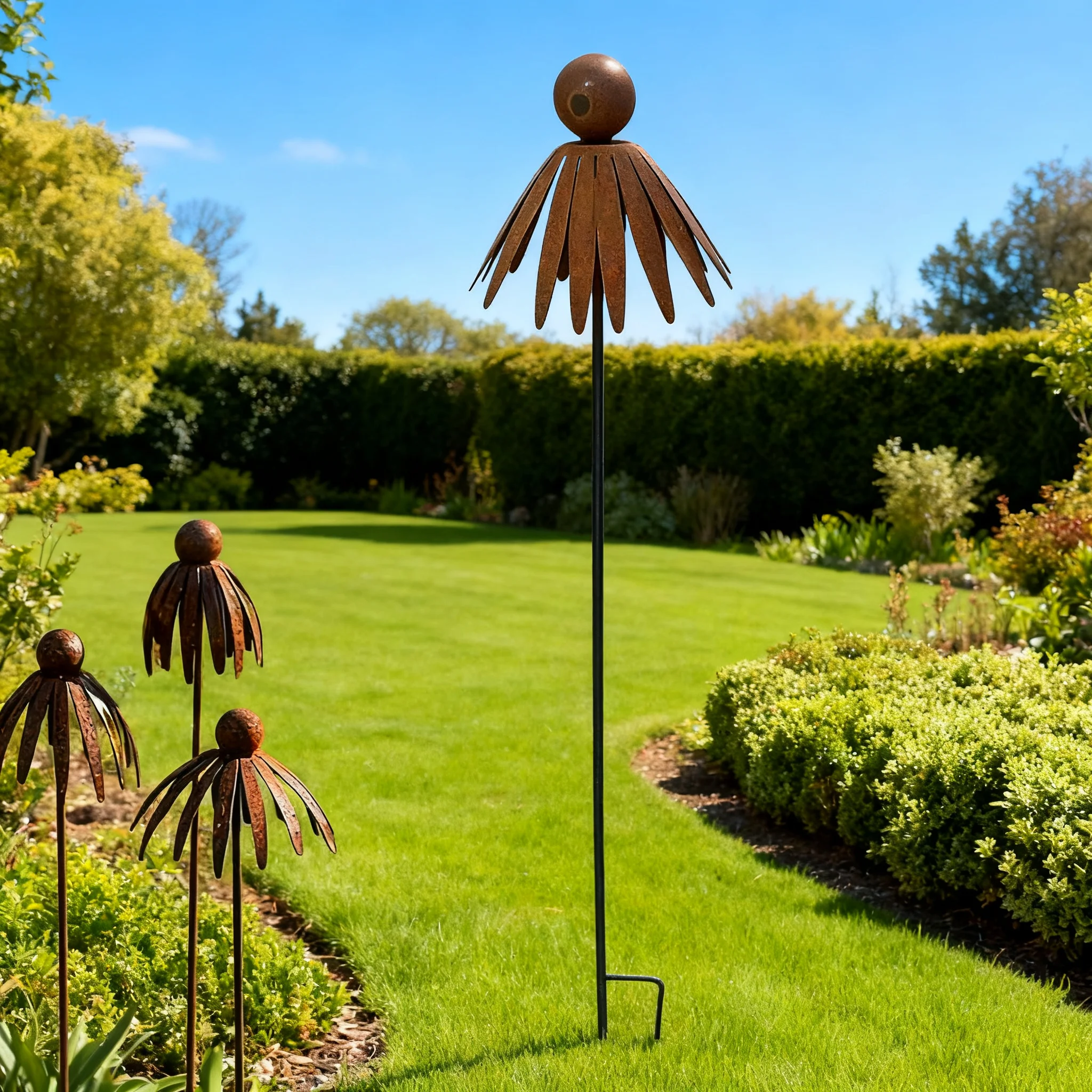 Rusted Iron Metal Daisy Stake Weather Resistant Long Stakes Curved Petal Stake Handmade Retro Style Rustic Garden Art 1/2/3pcs