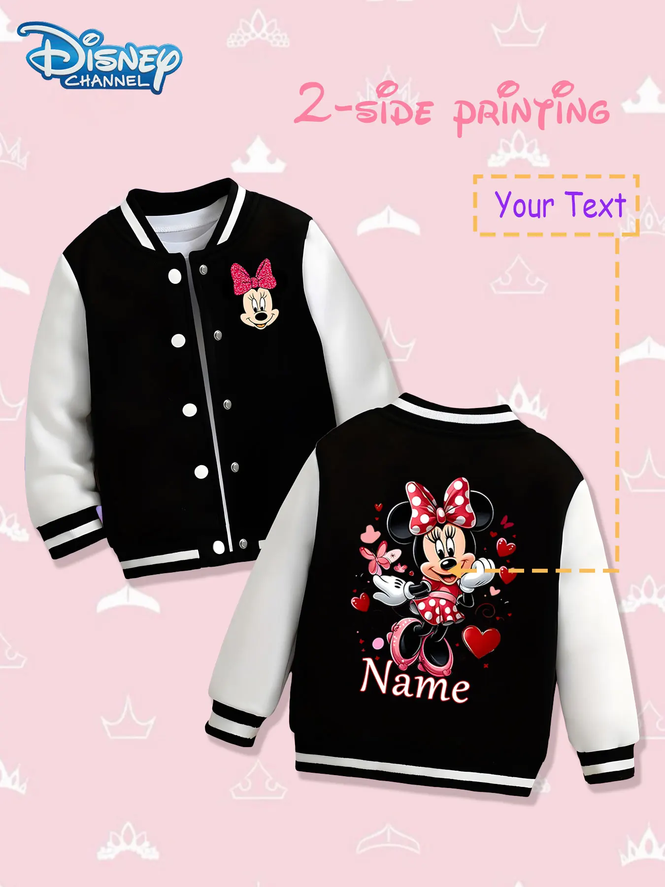 

MINISO Disney Heart Minnie Girls Baseball Jacket - Double-sided sweet print, warm and romantic in autumn and winter, suitable fo
