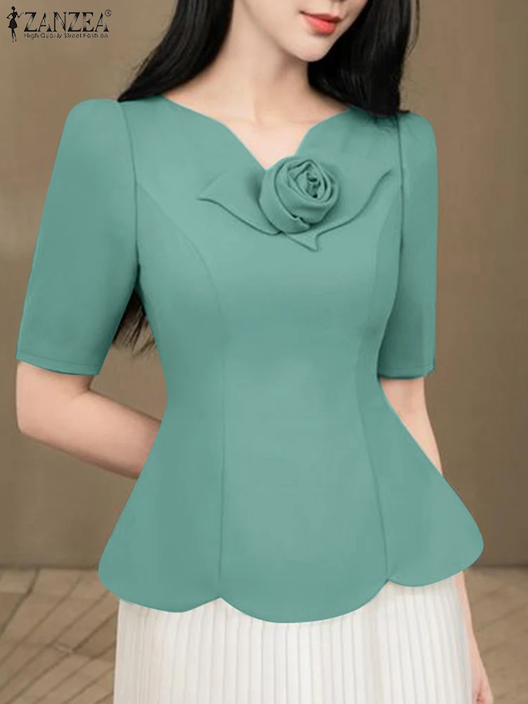 ZANZEA Women Elegant Scalloped Hem Blouses Fashion Fabric Flower V-Neck Short Sleeve Fitted Waist Blusas Mujer Office Wear Tops