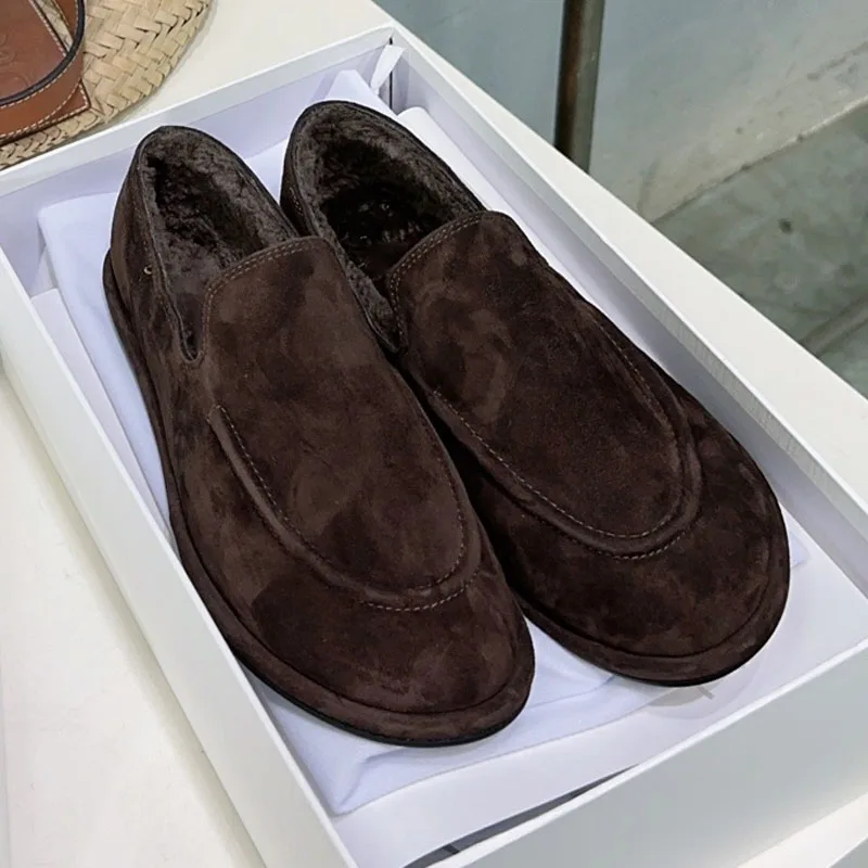 bololia High Quality Wool Suede Leather Loafers Women's Flat Casual Fur Shoes Slip On Single Shoes Warm Ballet Flats Shoes