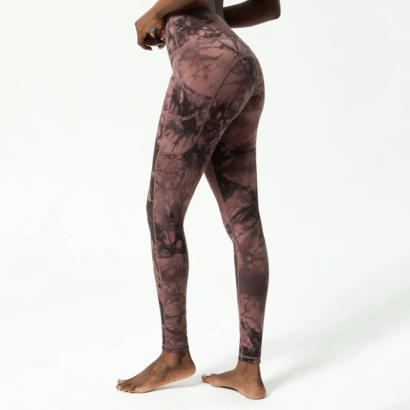 Women\'s tie-dye high waist hip lift side pocket yoga nine-point leggings tights fitness training sports running pants with logo