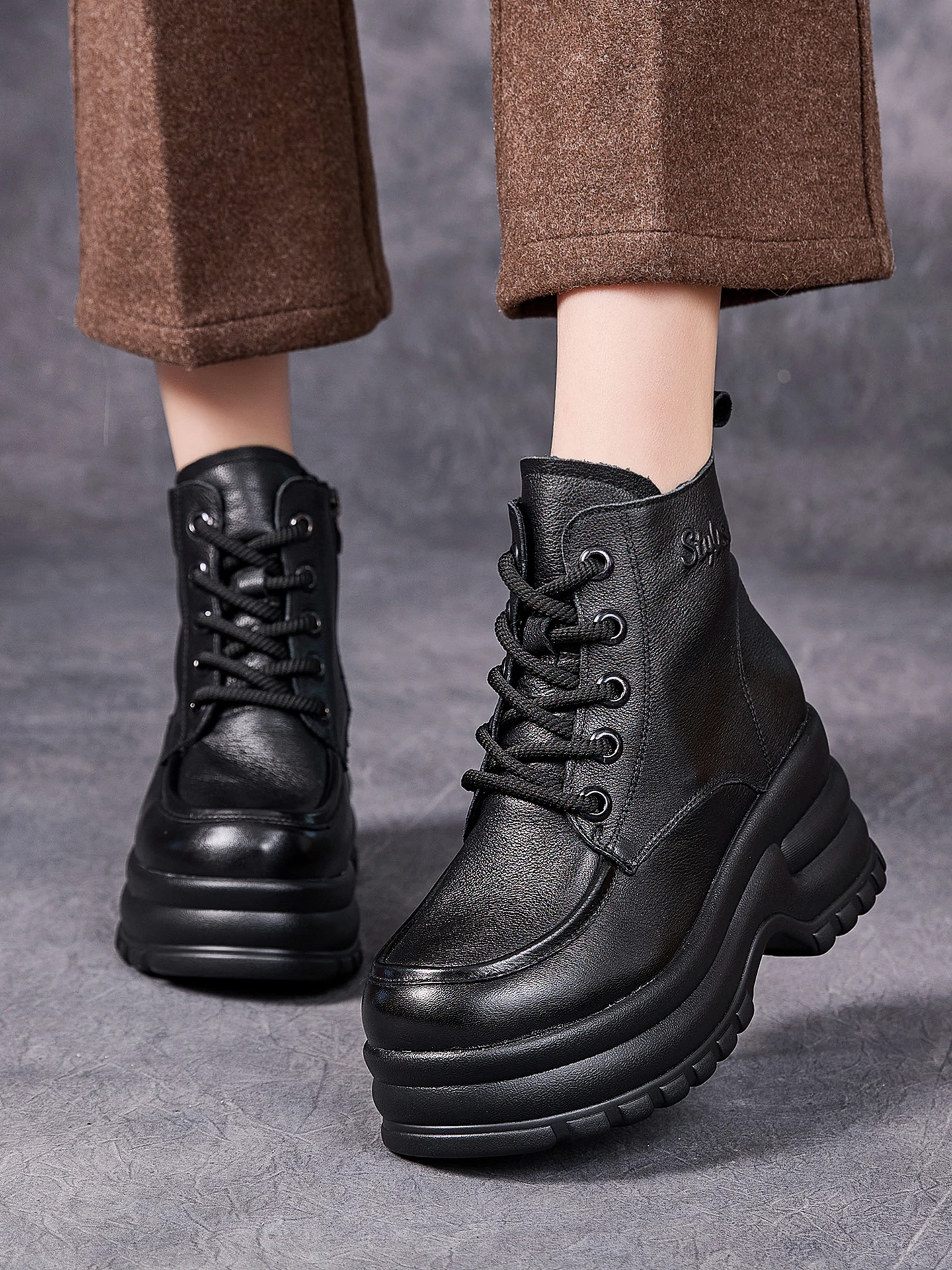 

Birkuir Retro Thick Heel Women Ankle Boots Zip Wedges Shoes Genuine Leather High Heel Lace Up Casual Leisure 7cm Short Boots