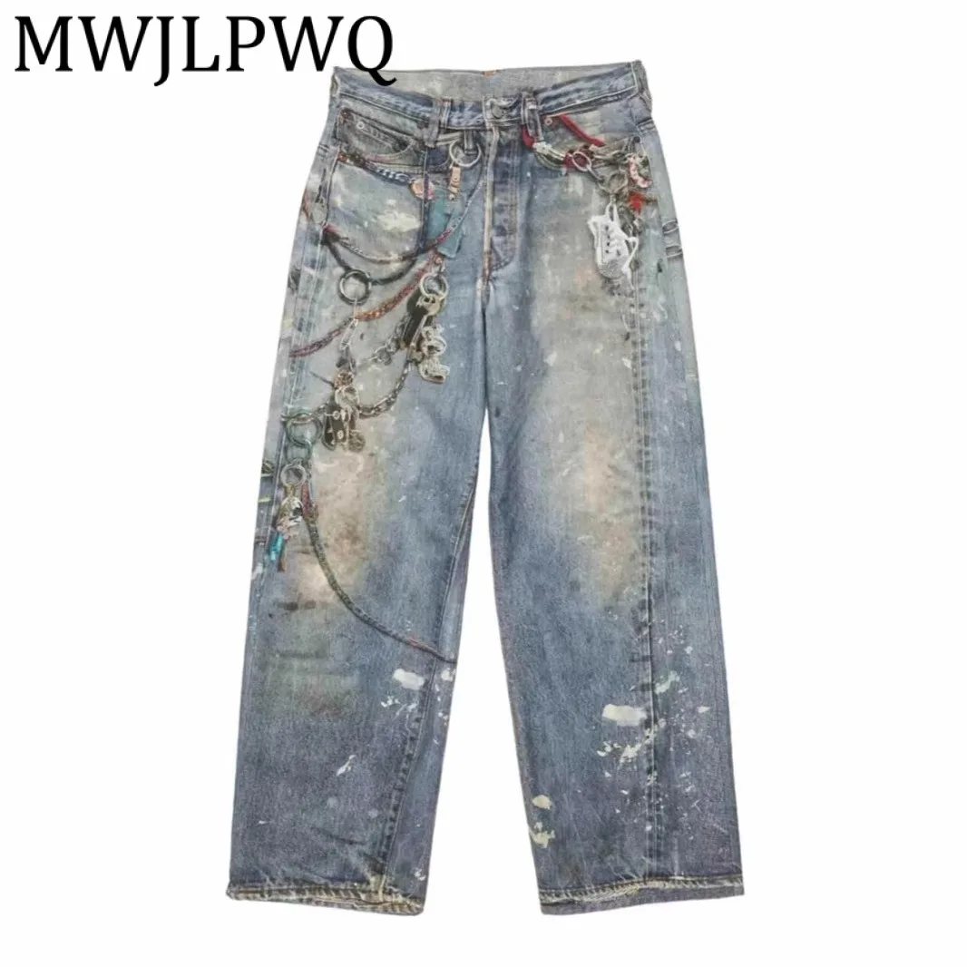 

MWJLPWQ American Style Washed Vintage Printed Jeans For Men Spring Autumn Straight Loose High Street Vibe Long Pants Tide 11981