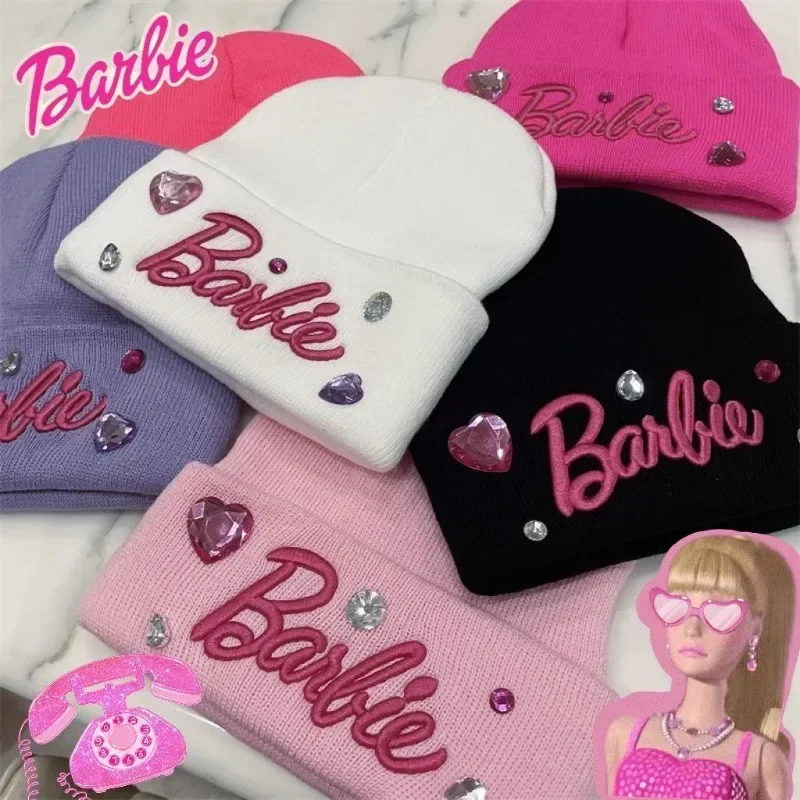 Barbie Embroidered Knitted Hat Cute Rhinestone Love Beanies Warm Hat Couple Pullover Anime Girls Y2K Winter Cap All-Match Gifts