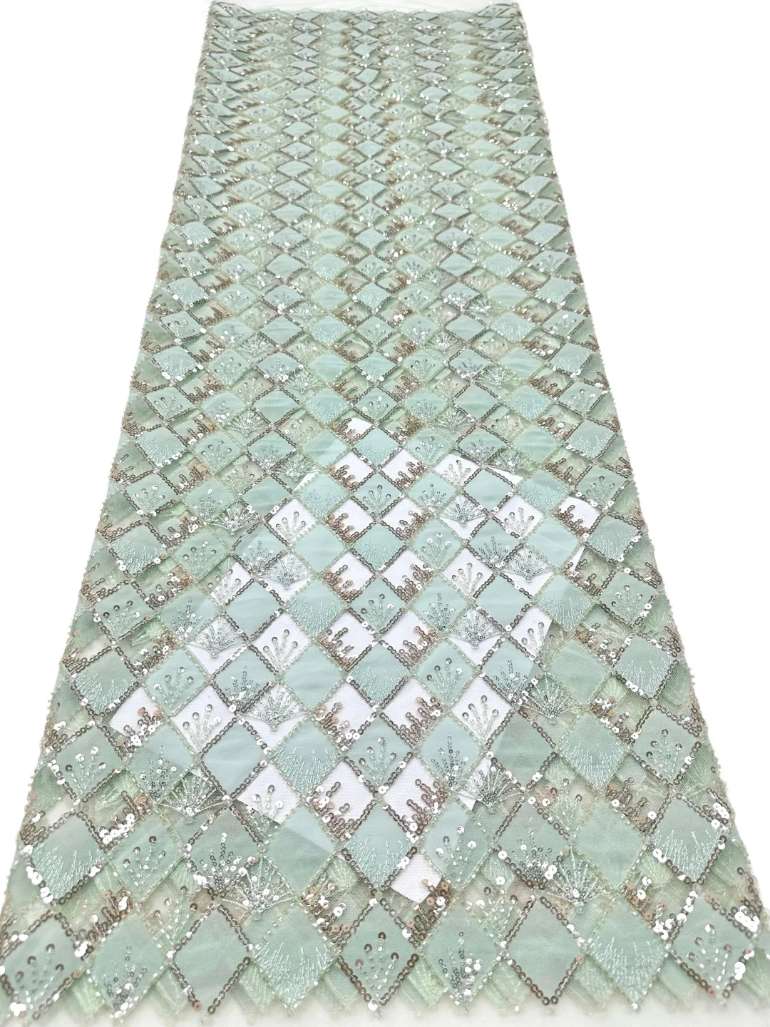 Light Pink Diamond African Beaded Lace Fabric, Luxury Sheer Mesh with Tube Beads, Sequins & Crystals for Wedding Gown 5 Yards
