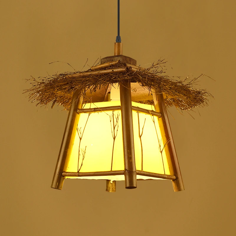 bamboo Weaving Small House Pendant Light Antique Corridor Balcony Pavilion Hanging Lamp Tea Room Retro Bamboo Art Lights Fixture