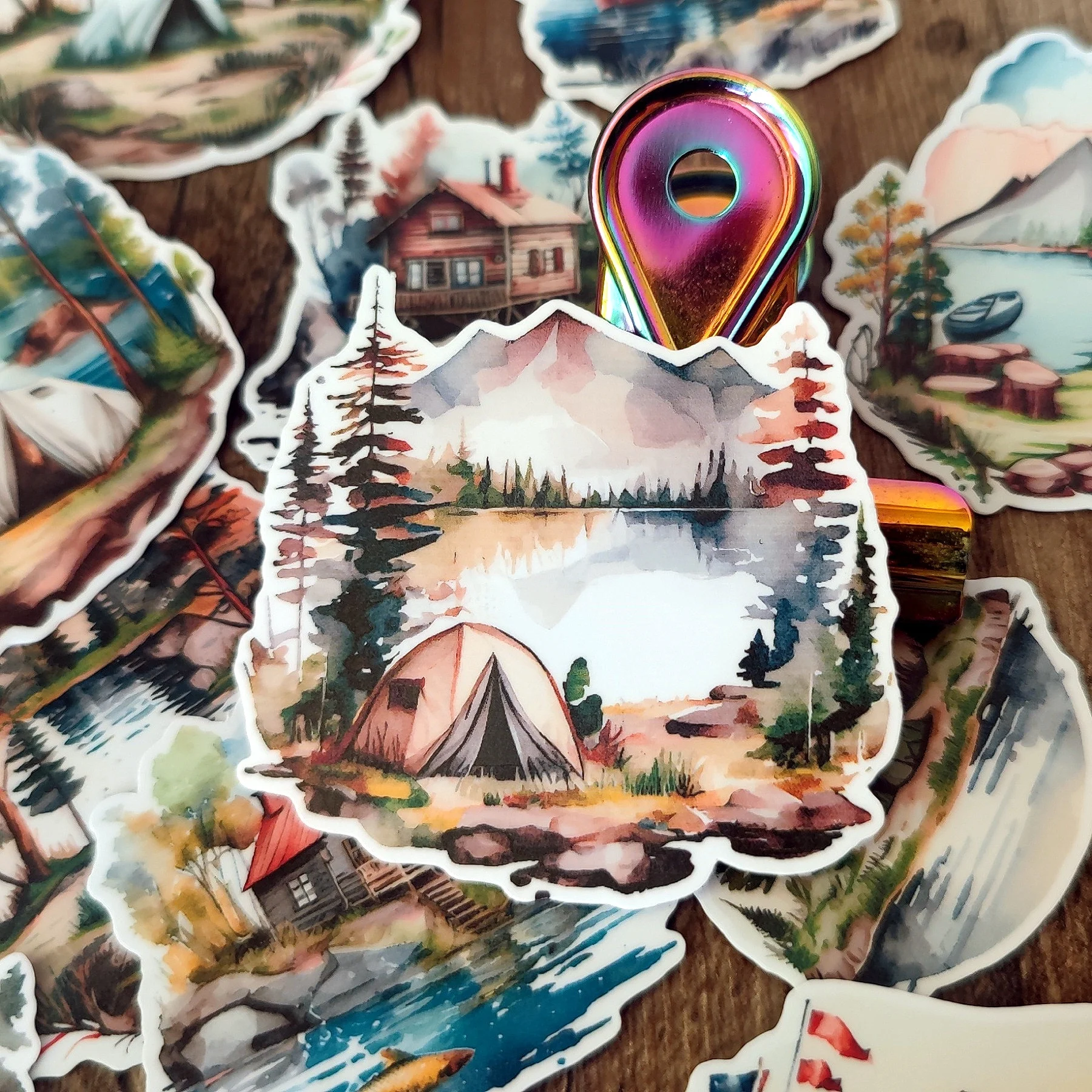 1 Set Watercolor Lake Small Wooden House Camping Stickers Scrapbooking Decorative DIY Stationery Decals Journals Notebooks