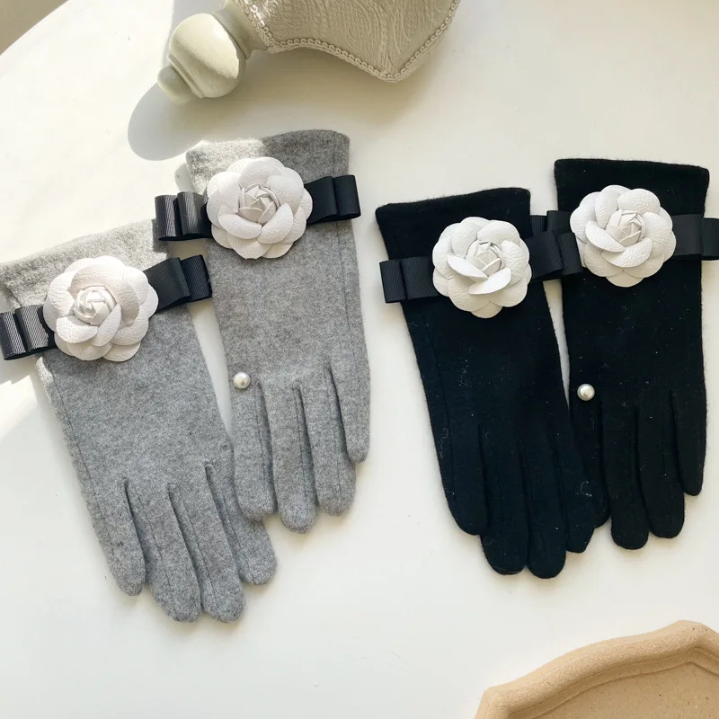​ قفازات مزيج الصوف بتصميم جديد لعام 2025 - نمط أنيق بدون أصابع من شريط الكاميليا، شاشة لمس شتوية دافئة، محبوكة فاخرة ​