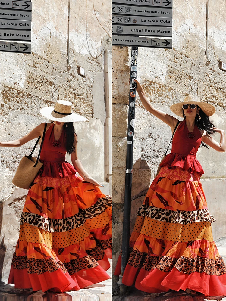 64-76 سنتيمتر الخصر الصيف البوهيمي عطلة تنانير طويلة النساء أنيقة الفرنسية ليوبارد طباعة المرقعة تكدرت كبير سوينغ عطلة تنورة #5