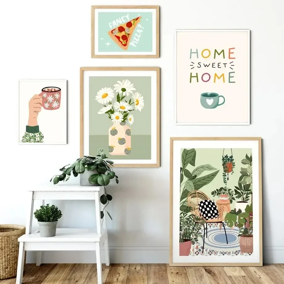 Tropical Plants Daisy Vase Pizza Coffee Cup Food Wall Art Minimalist Print Canvas Painting for Living Room Posters Home Decor
