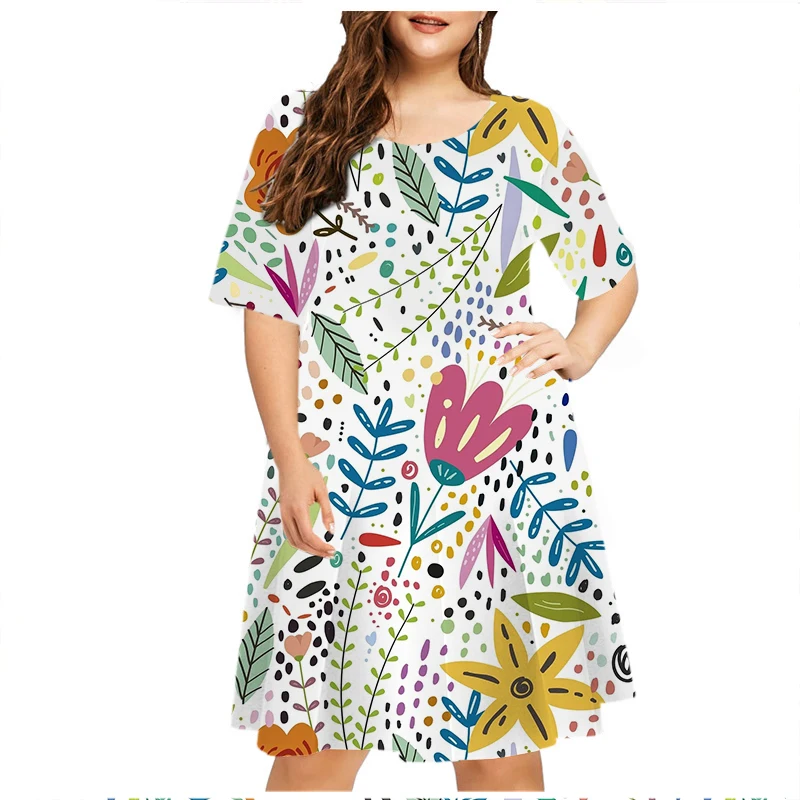 5XL 6XL Plus Size Women Dresses Summer Floral Print Dress Fashion Flower Power Hippie Short Sleeve Loose Dress Sundress Vestidos