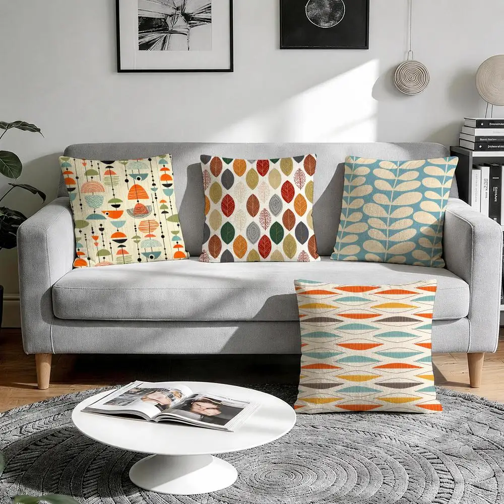 Mid Century Modern Cushion Cover Natural Breathable Durable Linen Printed Decor Pillow Case Sofa Bedroom