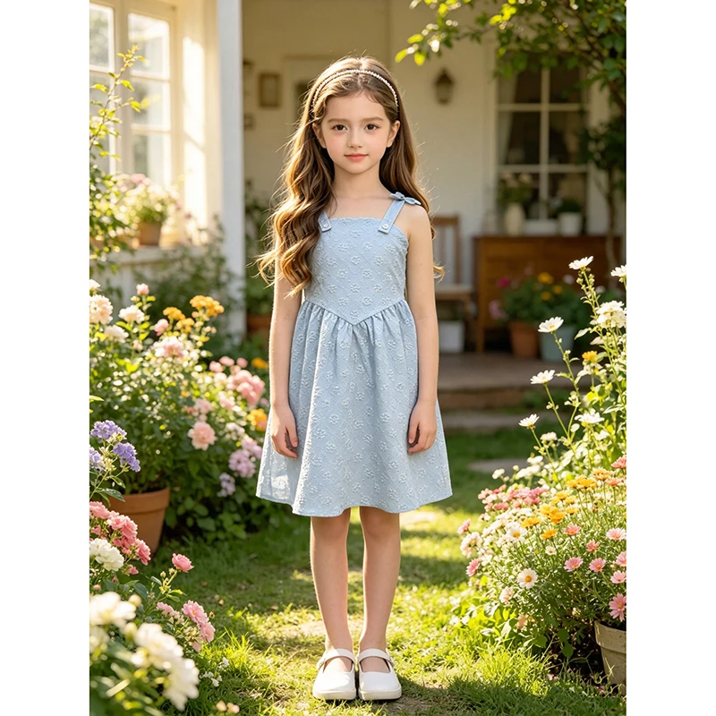 Big Girls Solid Floral Textured Sling Dress, Fixed Bow Straps High Waist Ruffle Hem Soft Breathable Summer Daily Outfit
