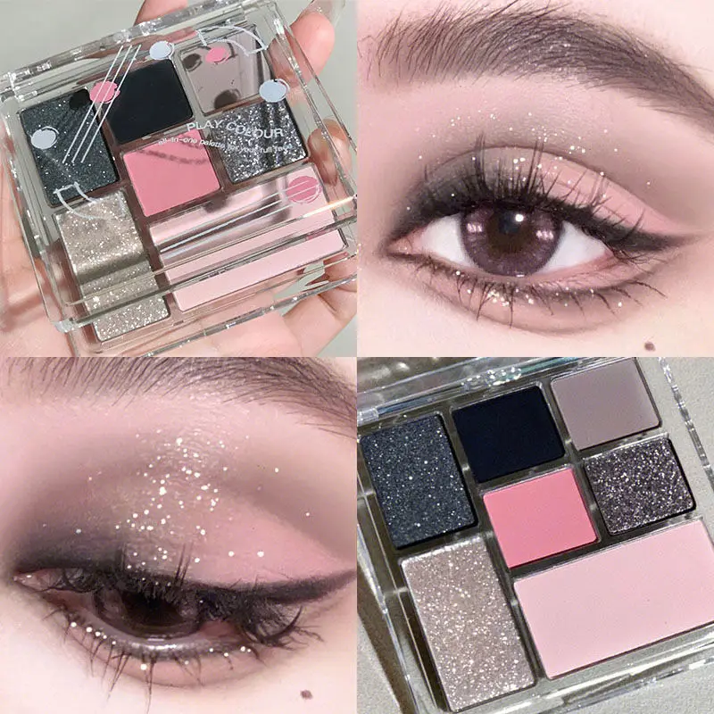 Paleta de Sombra Fumada para Meninas, Glitter Perolado, Palete de Maquiagem para Olhos, Cosméticos Coreanos, Doce e Legal, 7 Cores, Rosa-Preto, Quente, Novo