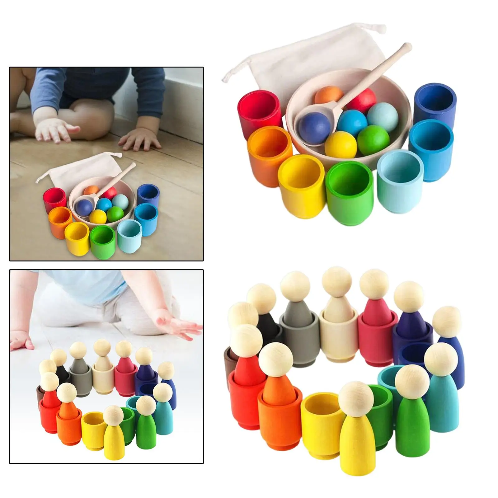 Bolas de madera en tazas, juguete de aprendizaje preescolar, clasificación de colores Montessori