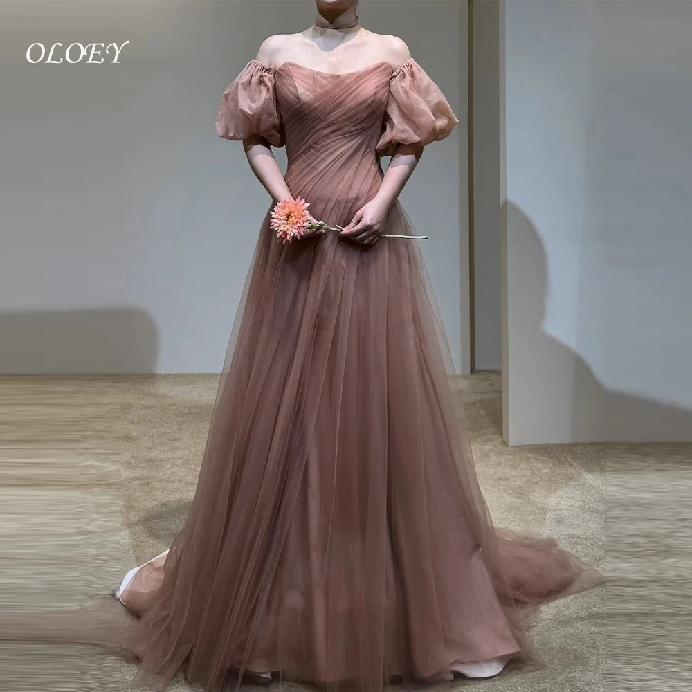 

OLOEY Elegant Pink Korea Evening Dresses Sparkly Tulle Wedding Photo Shoot Dresses Puff Sleeve Shoulder Customized Bride Gown
