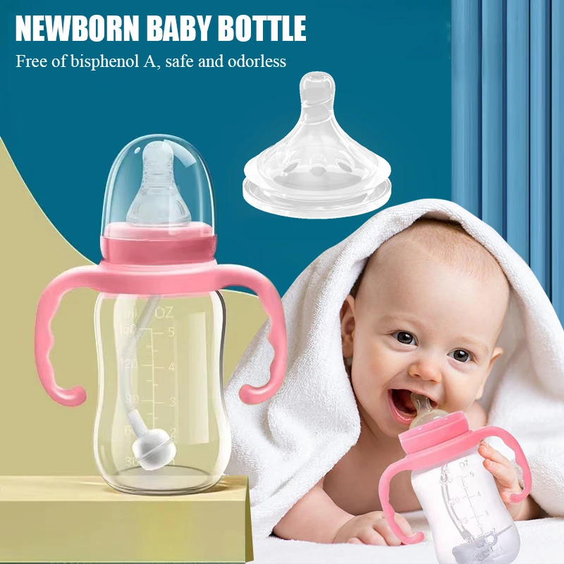 Pink Blue 0-3 years old baby standard calibre pp bottle with handle Anti-flatulence bottle Anti choking baby bottle