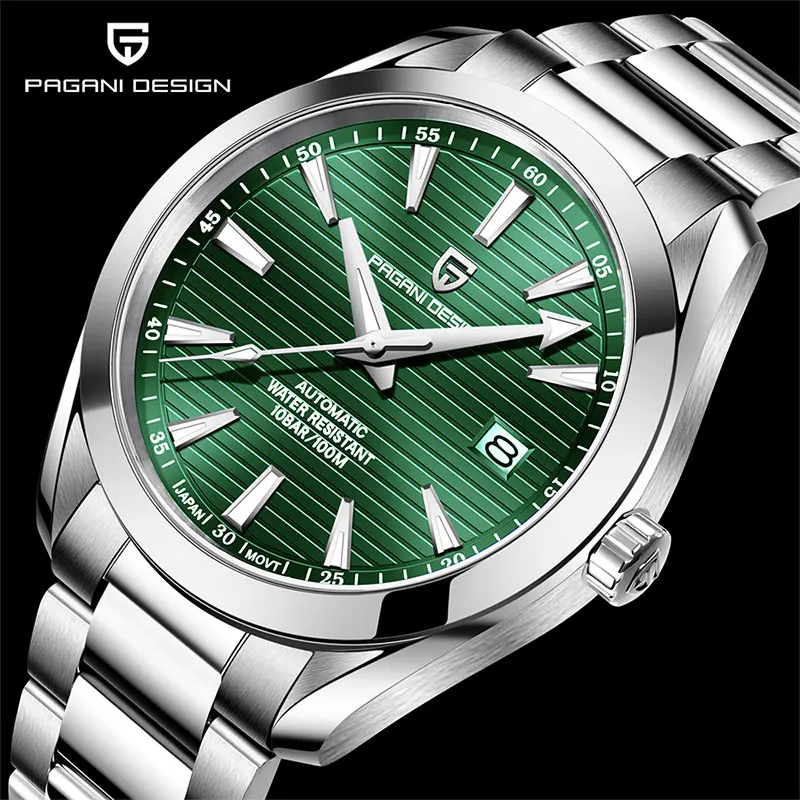 PAGANI DESIGN ساعة أوتوماتيكية للرجال من زجاج الياقوت ساعة يد ميكانيكية سوار من الفولاذ المقاوم للصدأ 100 متر ساعات رياضية مقاومة للماء